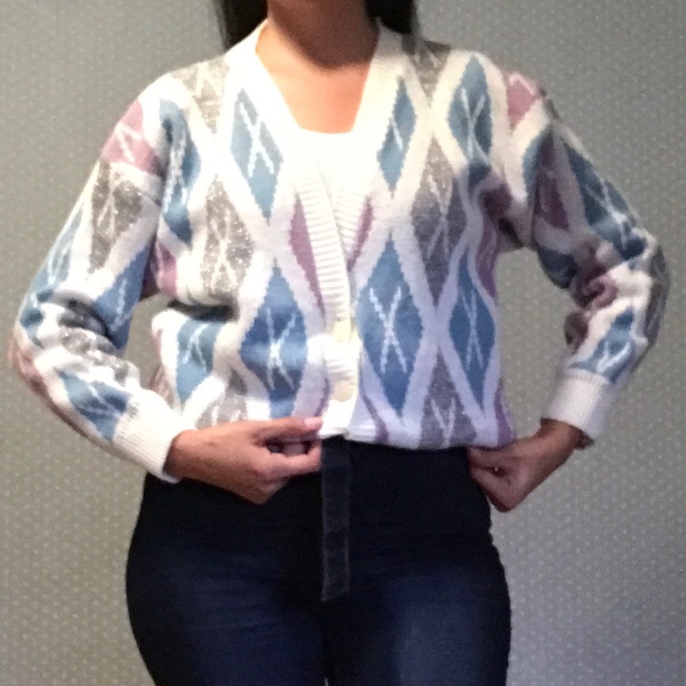 Vintage 80’s 90’s cardigan sweater pastel argyle silver metallic size M
